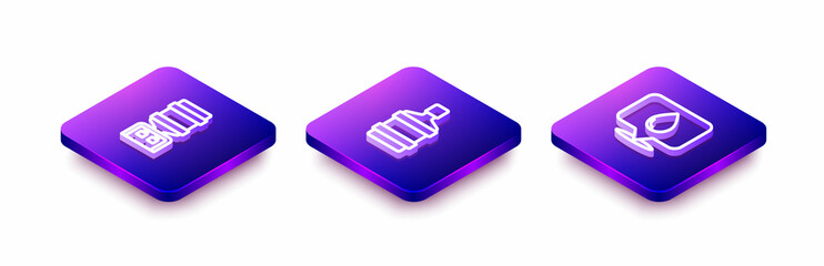 Set Isometric line Water cooler, Big bottle with clean water and drop location icon. Vector