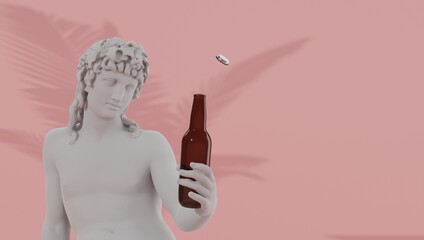Sculpture of the wine god Bacchus holding a bottle of beer.