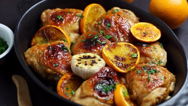 Baked chicken with oranges, garlic and mint. Recipe.