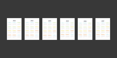 2022 2023 2024 2025 2026 2027 calendar template in classic strict style with multicolor elements. Monthly calendar individual schedule minimalism restrained design for business notebook