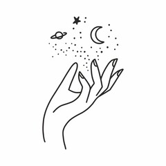 Vector drawing of a woman's hand with stars, planets, moon