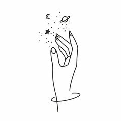 Vector drawing of a woman's hand with stars, planets, moon