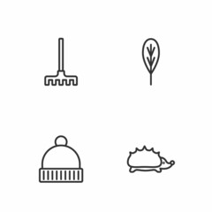 Set line Hedgehog, Winter hat, Garden rake and Leaf icon. Vector