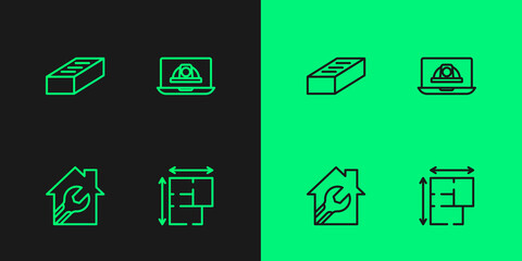 Set line House plan, with wrench spanner, Brick and Worker safety helmet icon. Vector