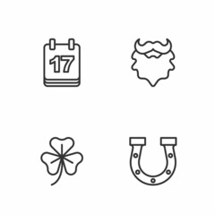 Set line Horseshoe, Clover trefoil leaf, Saint Patricks day with calendar and Mustache and beard icon. Vector