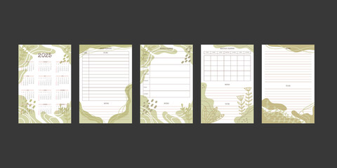 2025 calendar and daily weekly monthly planner collection with trendy hand drawn organic shapes and floral botanical elements in pastel neutral palette