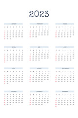 2023 calendar template in classic strict style with type written font. Monthly calendar individual schedule minimalism restrained design for business notebook. Week starts on sunday