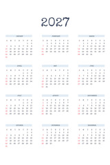 2027 calendar template in classic strict style with type written font. Monthly calendar individual schedule minimalism restrained design for business notebook. Week starts on sunday