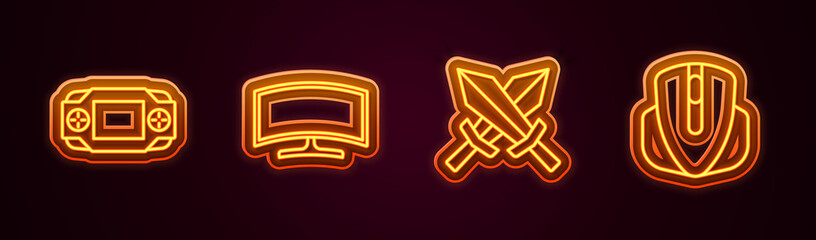 Set line Portable video game console, Computer monitor, Sword for and mouse. Glowing neon icon. Vector