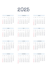 2025 calendar template in classic strict style with type written font. Monthly calendar individual schedule minimalism restrained design for business notebook. Week starts on sunday