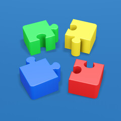 Jigsaw puzzle in action. Symbol of team work, strategy, solution, connection. Business concept. 3D render illustration. Clipping path of each element included.