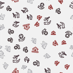 Set line Lifebuoy in hand, Plane, Tornado and House flood on seamless pattern. Vector