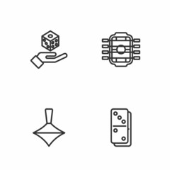 Set line Domino, Whirligig toy, Game dice and Table football icon. Vector