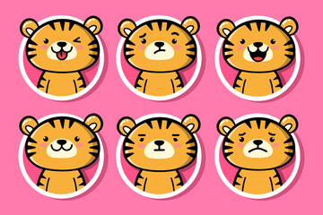 Tiger head set. Cute baby tiger character in kawaii style. Cartoon tiger face with different facial expressions. Tiger icons, mascot, avatars.