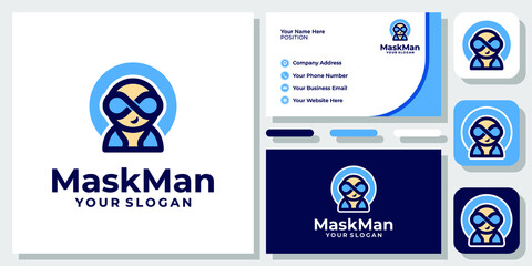 Mask Man Super Hero Costume Cute Character Mascot Cartoon Icon Logo Design with Business Card Template