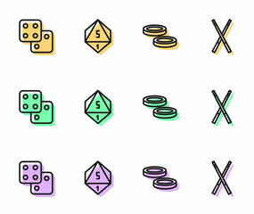 Set line Checker game chips, Game dice, and Crossed billiard cues icon. Vector