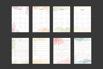 2022 2023 2024 2025 calendar and daily weekly monthly planner collection with hand written font and abstract watercolor spots. Week starts on Sunday