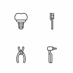 Set line Tooth drill, Dental pliers, implant and Toothbrush icon. Vector