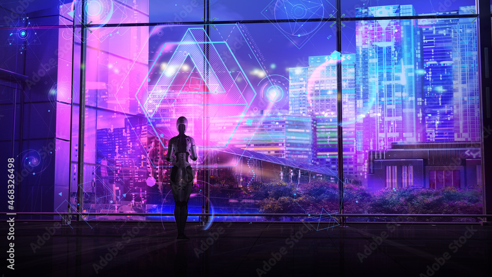 Poster android works with the interface of the future, 3d render.