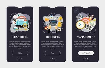 Flat design responsive Search, Blogging and Management UI mobile app splash screens. Template with trendy illustrations