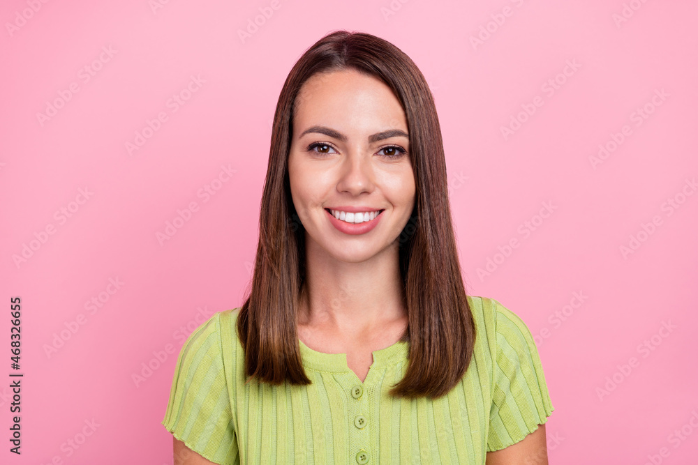 Poster photo of young cheerful lady teeth prevent caries stomatology dentist isolated over pink color backg