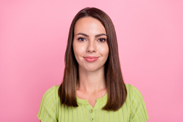 Fototapeta premium Photo of young attractive girl good mood wear shirt top summer season isolated over pink color background
