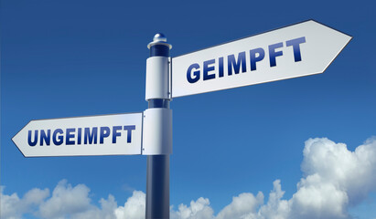 Road sign with the german words geimpft - ungeimpft against blue sky - 3D illustration