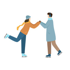 The couple is ice skating. The guy helps learn girl not to fall and holds her for. Winter sports and outdoor activities. Vector flat illustration isolated on white background