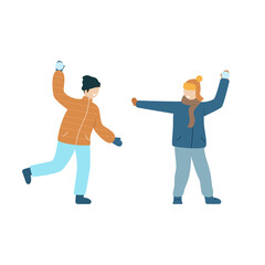 Two boys are playing snowballs and having fun outdoor. Two children throw snowballs at each other. Winter sports and outdoor activities. Vector flat illustration isolated on white background