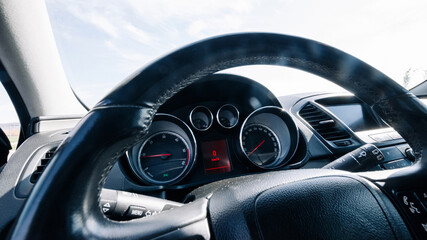 Speed background. Car dashboard panel with speedometer, tachometer. Fast vehicle, no limit concept.