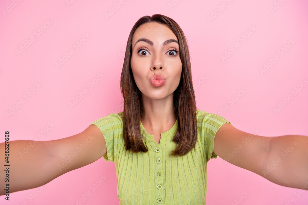 Canvas Prints photo of flirty brunette young lady do selfie blow kiss wear green top isolated on pink color backgr