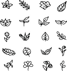 Set of icons with plants, leaves, flowers. Vector botanical line icons. Icons with plants for print, pattern.