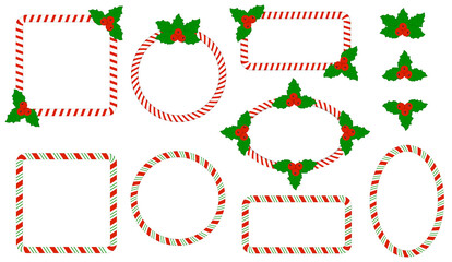 Christmas set  frame candy   cane  with Holly leaves. Festive decorative geometric shapes circle, square, ellipse, rectangle. Vector isolated.