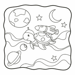 cartoon illustration turtle flying on rocket coloring book or page for kids black and white