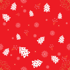 New Year and Merry Christmas seamless pattern  with christmas  toys, tree and snowflakes. Vector illustration. Design wallpaper, fabrics, postall packaging.