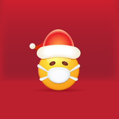 Vector Emoji sticker with mouth medical protection mask and santa claus red hat isolated on red background. Yellow santa smile face character with Christmas hat and white surgeon mask.