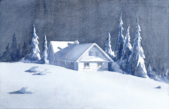 Watercolor winter landscape. Cozy house among snow-covered trees. Winter landscape with a small house in the forest.