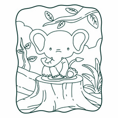 cartoon illustration elephant sitting on a tree that has been cut down coloring book or page for kids black and white