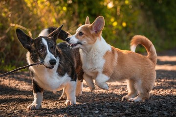 Dwa psy, szczeniaki rasy corgi podczas radosnej zabawy © Michal45