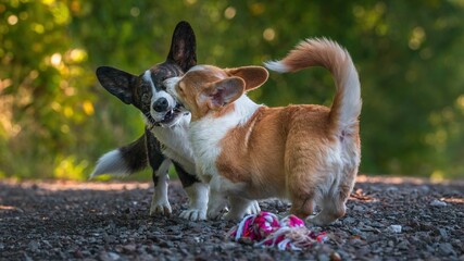 Dwa psy, szczeniaki rasy corgi podczas radosnej zabawy © Michal45