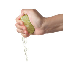 Hand squeeze green lime on white background
