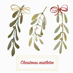 Watercolor illustration of mistletoe branch in bowknot. Hand-drawn and suitable for all types of design and printing.