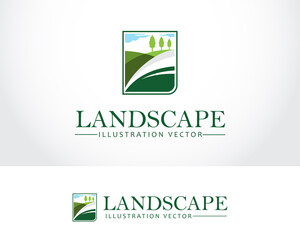 landscape logo creative tree pines garden sun illustration vector