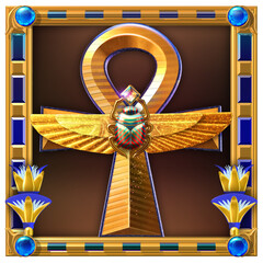 3D rendered illustration of an ornate ankh cross, which represents the Egyptian hieroglyphic symbol of life, surrounded by a golden decorative frame 