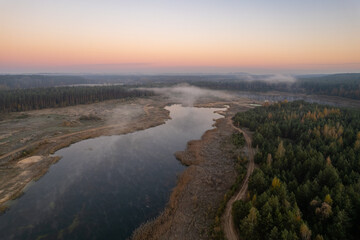 Aerial autumn fall sunrise dawn view in Neris regional park, Lithuania