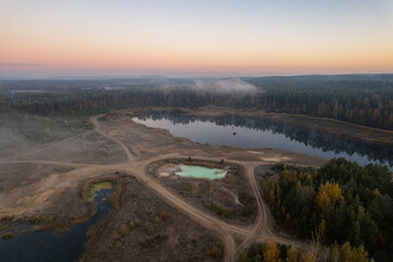 Aerial autumn fall sunrise dawn view in Neris regional park, Lithuania