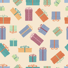 A set of gifts for the New Year or Birthday. Vector cartoon flat seamless pattern of beautiful modern packing boxes in pastel colors.