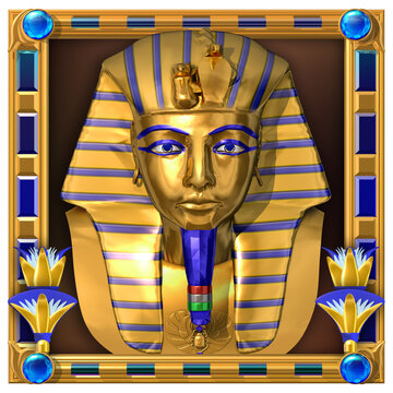 3D rendered illustration of a golden mask depicting an ancient Egyptian Pharaoh, surrounded by a golden decorative frame with blue ornaments