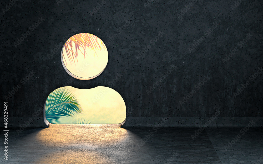 Poster user icon showing inside of interior with sunray shiny realistic background 3d render