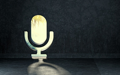 microphone icon showing inside of interior with sunray shiny realistic background 3d render